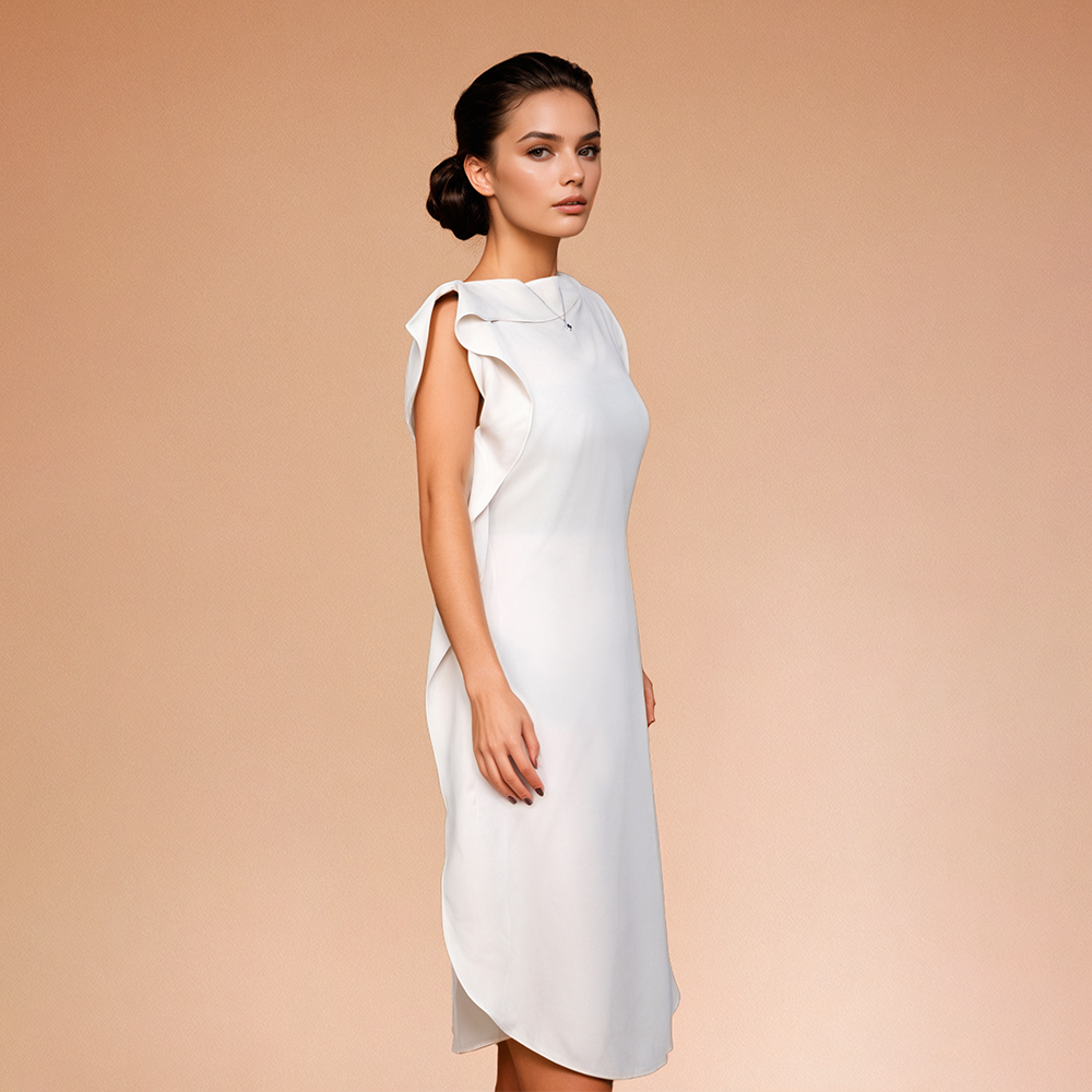 Bellamilan Brand Elegant Mid-Length Heavy Crepe Dress with Delicate Ruffle Trim